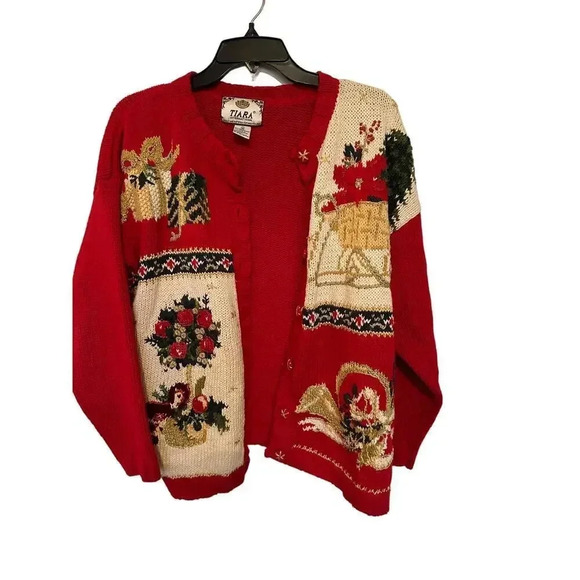 Tiara International Women's Red Embroidered Festive Holiday Cardigan Size M - Picture 1 of 6